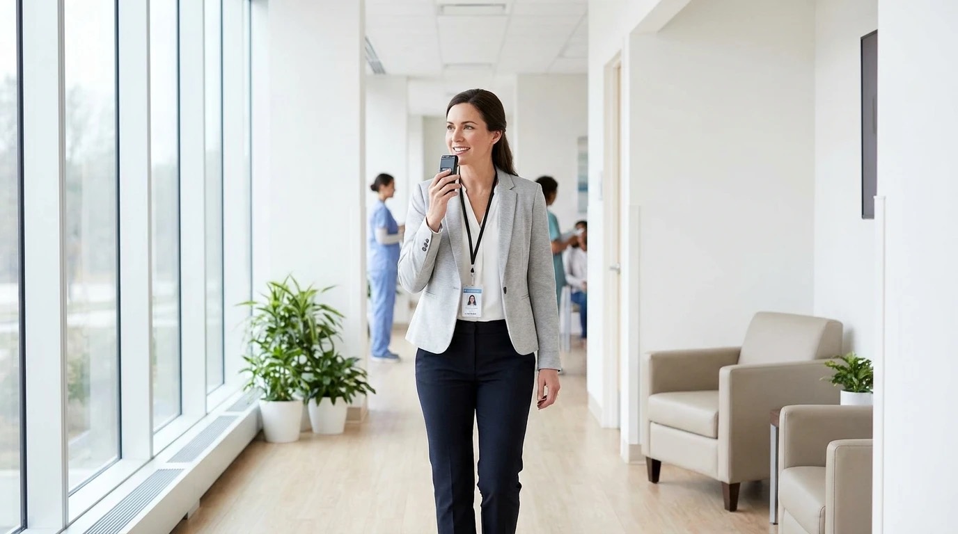 A clinician dictating notes while walking between appointments