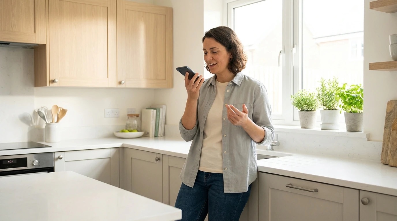A patient asking a question by voice in their kitchen