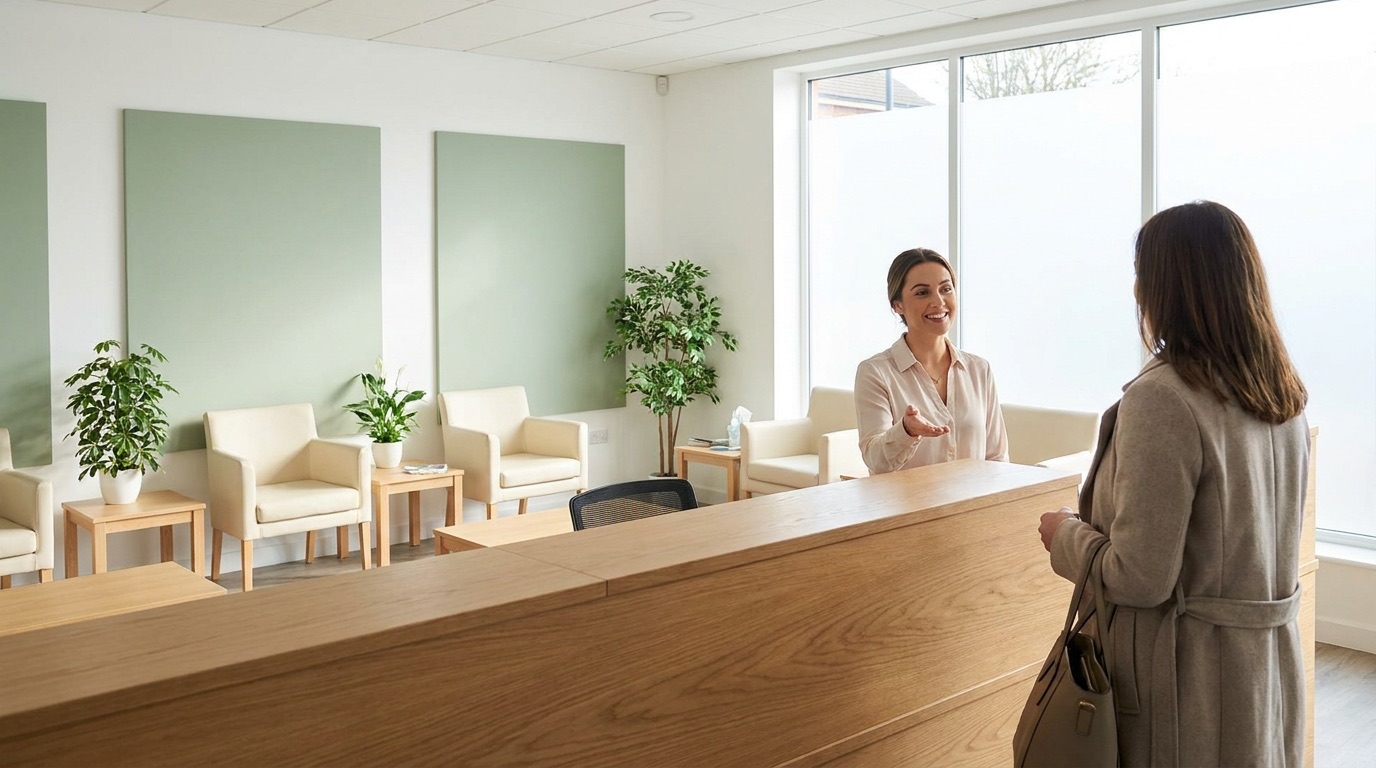 A receptionist welcoming a patient at a clinic front desk