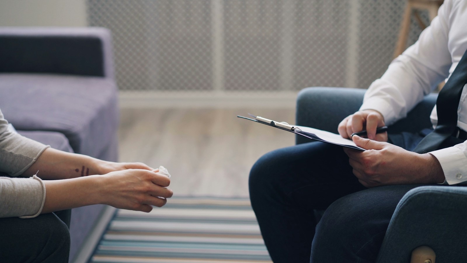 A therapy session in a calm consulting room