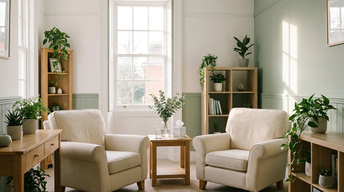 A calm private therapy room with two armchairs