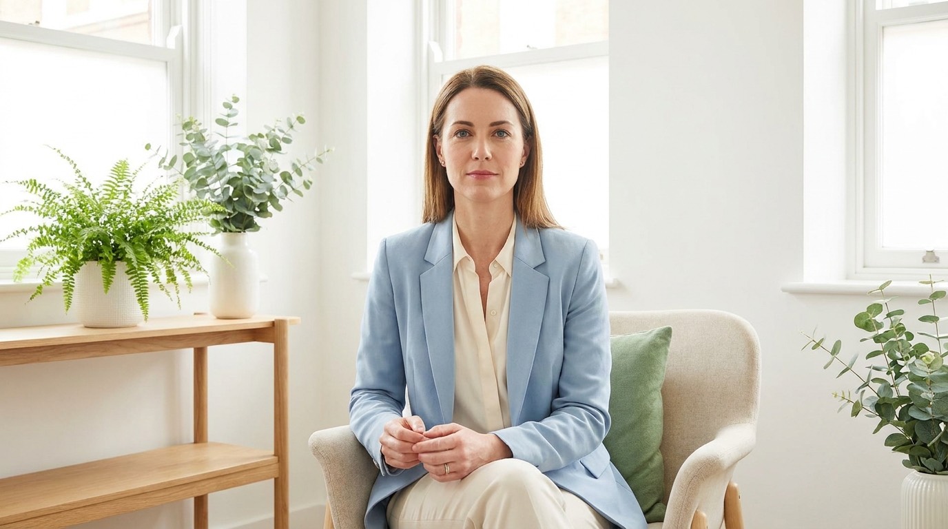 Therapist seated in a bright consulting room